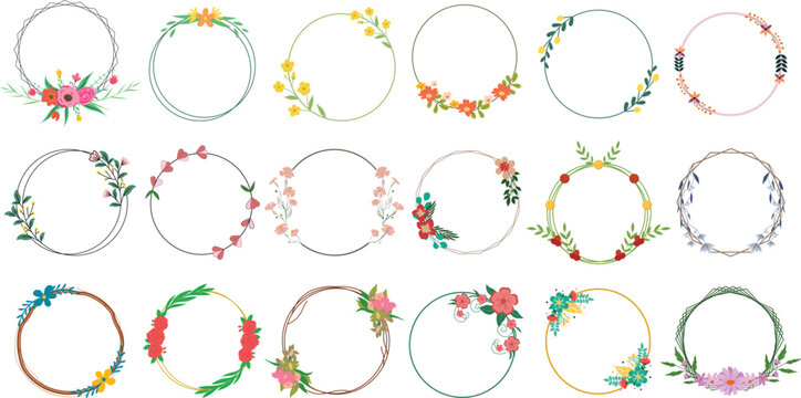 Minimalist open circular floral frames set. Flat vector illustration of delicate thin round botanical borders for elegant monogram design.