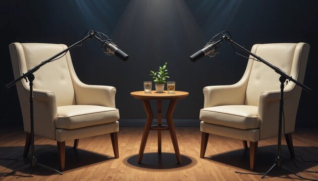 Minimal elegant interview setup with two chairs and microphones under spotlight representing podcast conversation discussion media and communication concept
