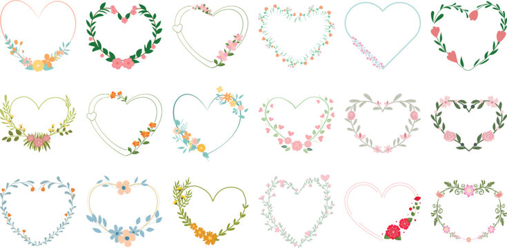Minimalist open heart and circular floral wreaths. Flat vector illustration of delicate botanical borders for elegant monogram design.