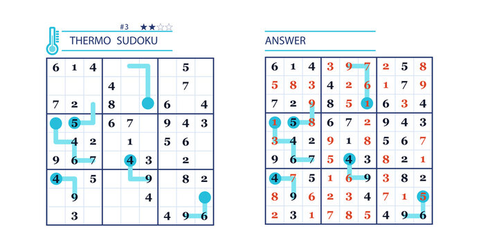 Thermo Sudoku puzzle and answer with colored hints and numbers  