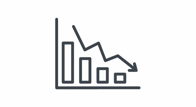 A minimalist dark gray line graph icon shows a downward trend with bars