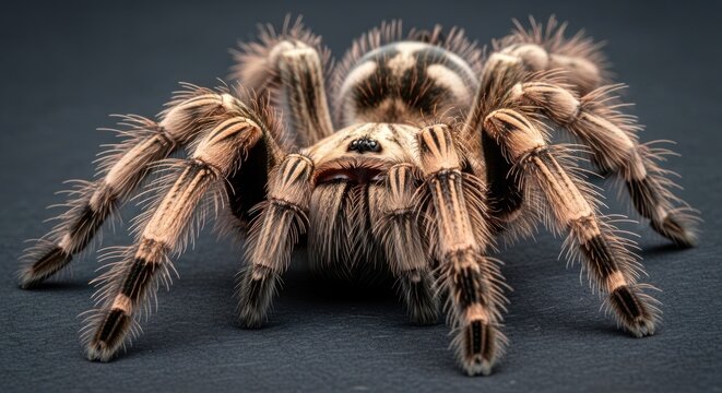 Close-up of a vibrant, detailed tarantula showcasing intricate patterns and textures on a dark background.
