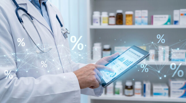 Healthcare cost savings analysis on tablet with digital percentage symbols and network connectivity in pharmacy setting for medical financial planning