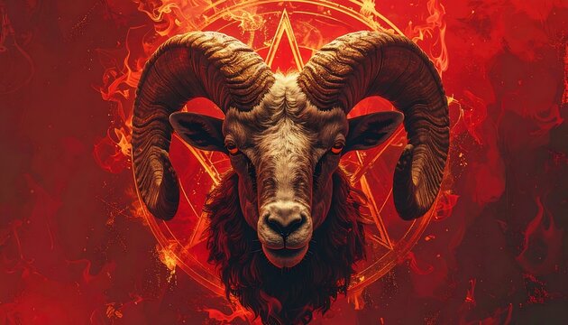 Fiery Ram Head Centered Against Glowing Pentagram Background