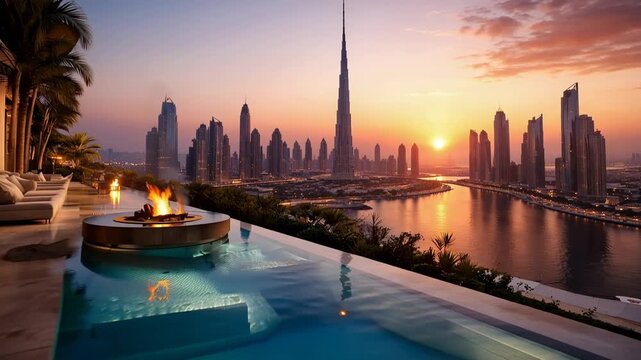 Luxury infinity pool overlooking Dubai skyline at sunset with Burj Khalifa and waterfront view
