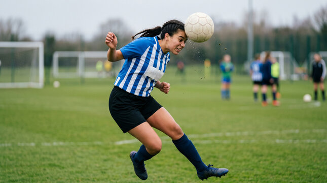 Young female soccer player heading a ball on a field