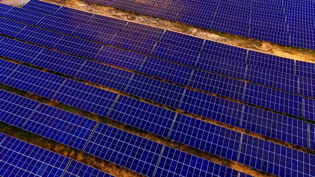 Rows of solar panels covering field, Bulgaria. Angled aerial perspective of dense blue photovoltaic modules in parallel lines with sandy soil between rows under daylight.