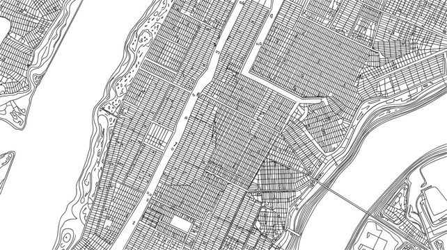 Detailed black and white city map vector plan showcasing abstract urban road network grid system and river shoreline outlinesDetailed black and white city map vector plan showcasing abstract urban roa