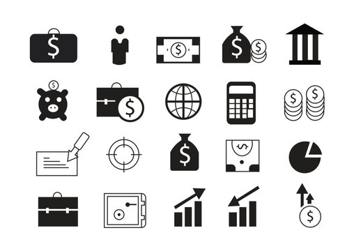 Business and finance icon set, 20 black vector symbols for banking and investment, money and economy flat graphics for web design