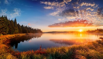 Fototapeta premium Amazing Sunrise Over Lake With Colorful Clouds At The Horizon Forest On The Lake Side Sunny Morning In Wild Nature
