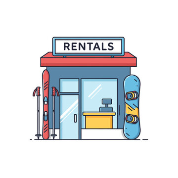 Ski rental shop interior scene showing rental equipment skis poles and goggles for winter sports activities
