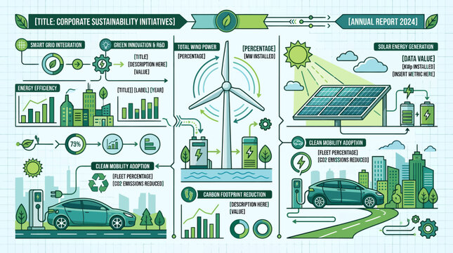 Comprehensive Infographic Dashboard Representing Renewable Energy Integration and Corporate Environmental Sustainability Strategies for Modern Urban Development