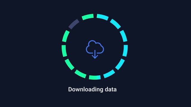 Animated digital interface showing data download activity with a cloud icon and circular progress indicator on a dark background, representing cloud retrieval, file transfer, and online synchronizatio