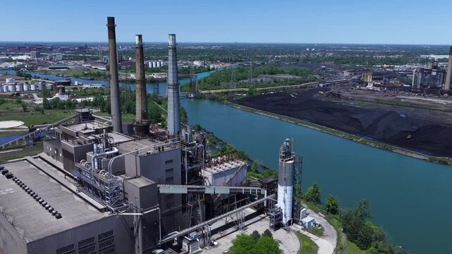 Zug Island, Aerial View of Detroit Industrial Waterfront and Factories