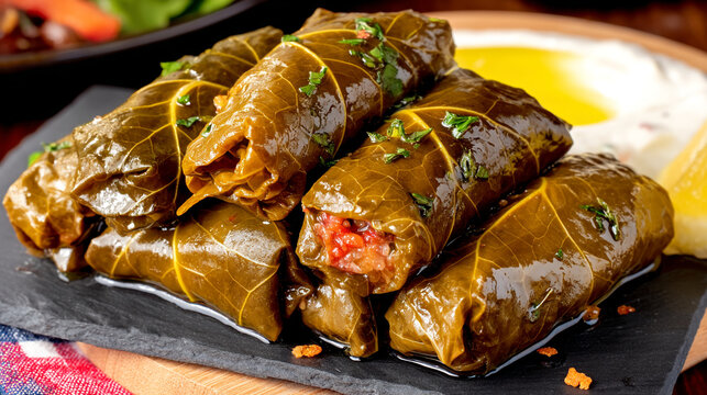 Traditional stuffed grape leaves dolma served on stone plate with mediterranean, appetizer