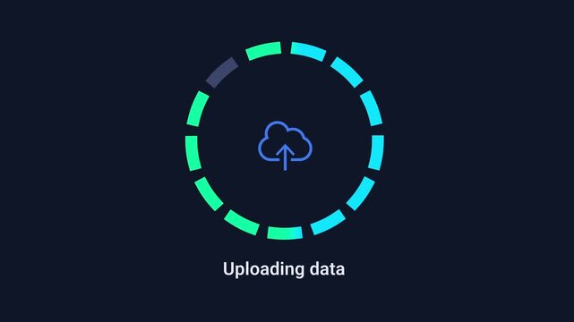 Animated digital interface showing data upload activity with a cloud icon and circular progress indicator on a dark background, representing cloud transfer, synchronization, and online storage.