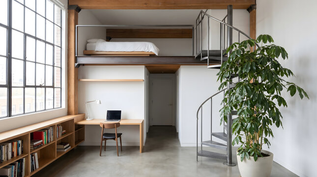 Modern loft style combined bedroom and study space with wooden shelves and spiral staircase