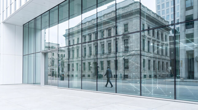 Glass facade reflecting classical architecture and a walking pedestrian in urban setting