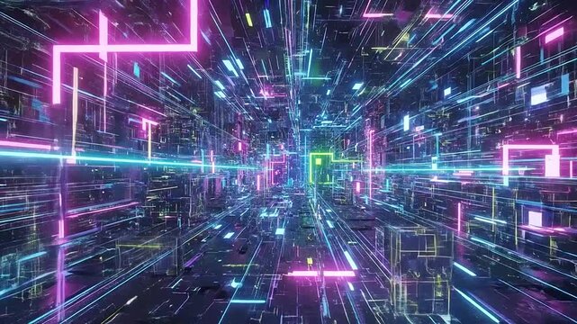 A futuristic digital corridor glowing with vibrant neon light patterns in deep space