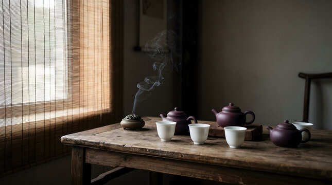 Wooden tea table with purple clay teapot teacups and rising tea steam
