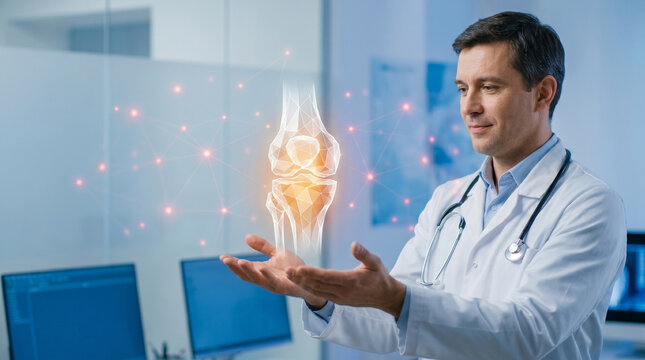 Medical specialist analyzing digital knee joint hologram for orthopedic diagnosis and advanced surgical planning in a modern clinical laboratory setting