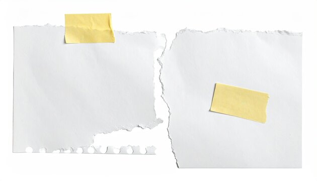 Torn white paper with sticky notes, isolated on white background, ragged edges