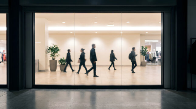 Blurred pedestrians walking inside a modern shopping mall behind glass幕墙