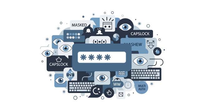 Cybersecurity and Digital Privacy Illustration with Password Input, Authentication Icons, and Surveillance Eyes Concept