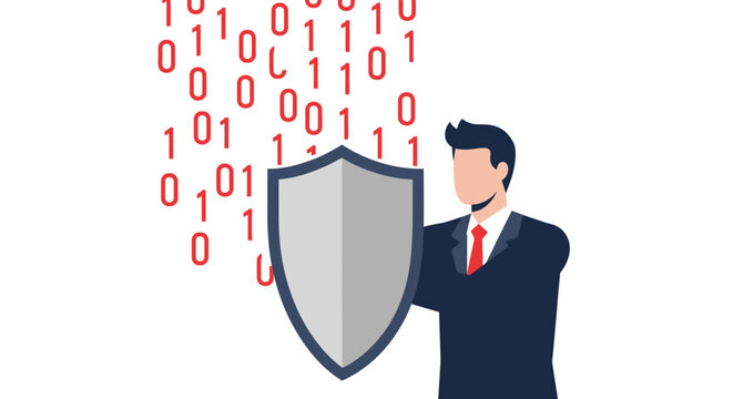 Cybersecurity Concept with Businessman Holding Shield Protecting Data from Binary Code Attacks