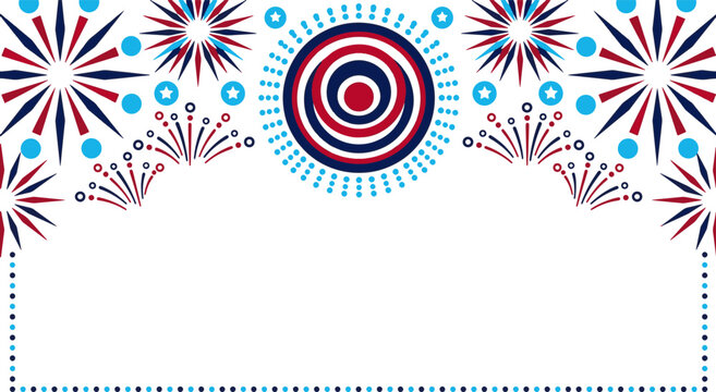 Festive firework frame with red and blue starburst elements and dotted border for patriotic designs.