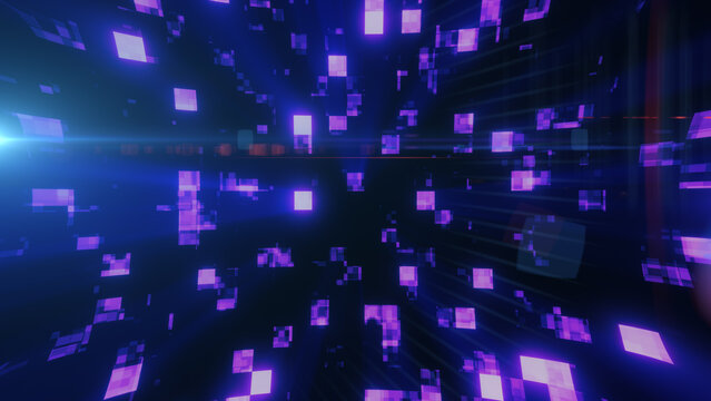 Futuristic purple neon pixel tunnel with glowing digital blocks, motion blur, and abstract cyber data flow.