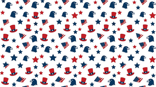 Seamless patriotic pattern with stars eagles hats and flags on transparent background.