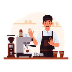 Fototapeta premium Vector flat design illustration of a friendly barista waving hello behind a coffee counter with espresso machine