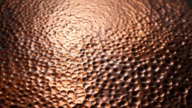 Close-up of a textured, reflective copper surface, with a dimpled, pitted appearance