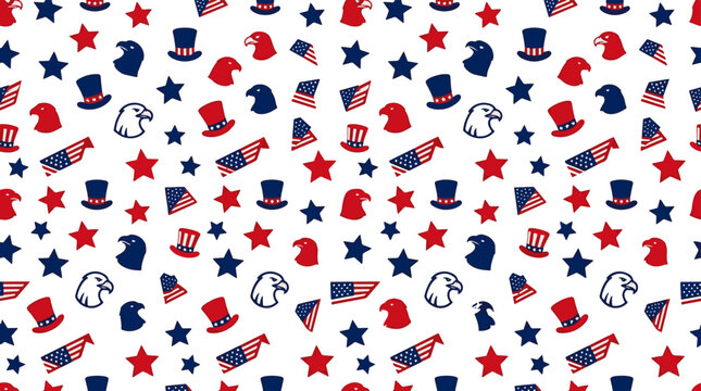 Seamless pattern with usa patriotic symbols american flags eagles stars hats for labor day and independence day background.