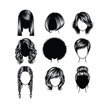 Collection of nine diverse female hairstyles in black and white silhouette icons, showcasing various lengths, textures, and styles.