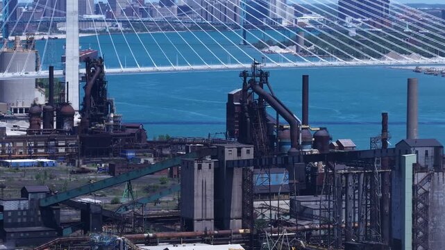 Zug Island, Aerial View of Detroit Industrial Waterfront and Factories