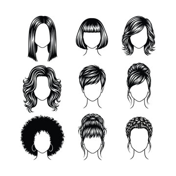Collection of nine diverse women's hairstyles in black and white line art, showcasing various lengths and textures from straight to curly and braided.