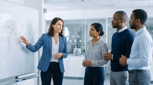 Professional woman explaining emotion analysis charts on whiteboard during team meeting