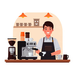 Fototapeta premium Vector flat design illustration of a smiling barista preparing coffee with an espresso machine and grinder in a cozy