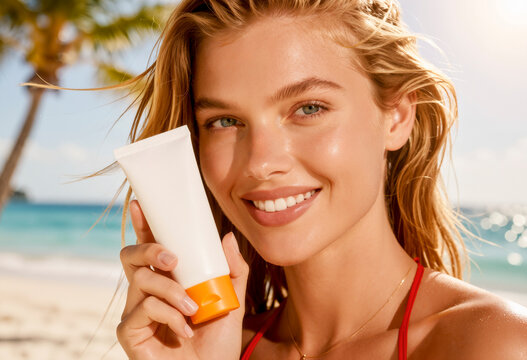 Donna bionda con crema solare in spiaggia tropicale
