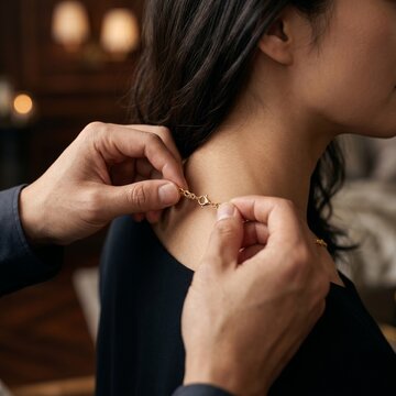 A romantic moment of a partner carefully fastening a delicate gold necklace around a woman's neck in an intimate evening setting