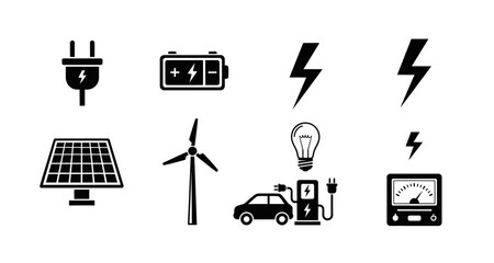 Fototapeta premium Renewable Energy Icons Set Electricity Symbols Silhouette On Transparent Background