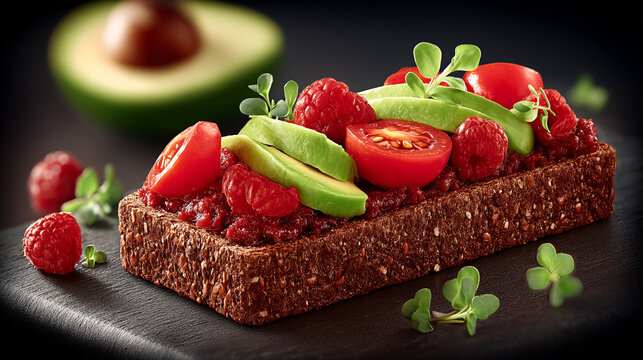Healthy avocado and raspberry multigrain toast on dark stone board with raspberry, multigrain