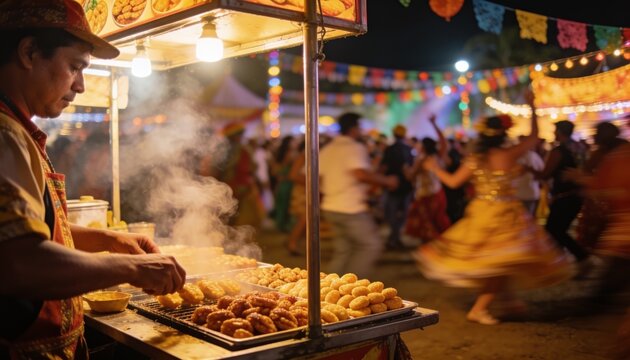 Street Food Festival Delight: A vendor serves hot, savory street food at a vibrant night market, while joyful crowds dance amidst colorful decorations, creating a festive and aromatic atmosphere.