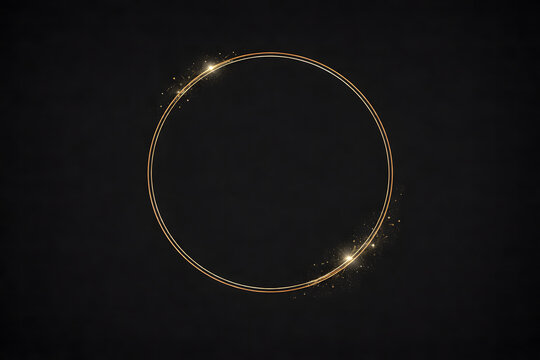 Classic elegant gold circular border frame with shimmering starry dust on a luxury dark black background. generated by AI.