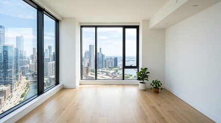 Fototapeta premium Modern office with large windows and city skyline view