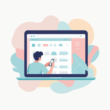 Man using smartphone interacting with laptop screen interface.