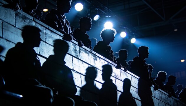 Spectators in the Shadows: Silhouettes of a crowd watch an event under dramatic stage lighting, their faces obscured, creating an atmosphere of anticipation and mystery.