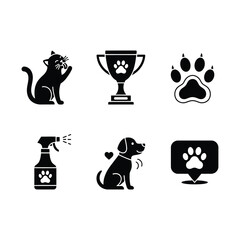 Set of black silhouette pet care and animal icons including cat, dog, paw print, trophy, spray bottle, and location pin on white background. © Shukhi's world 